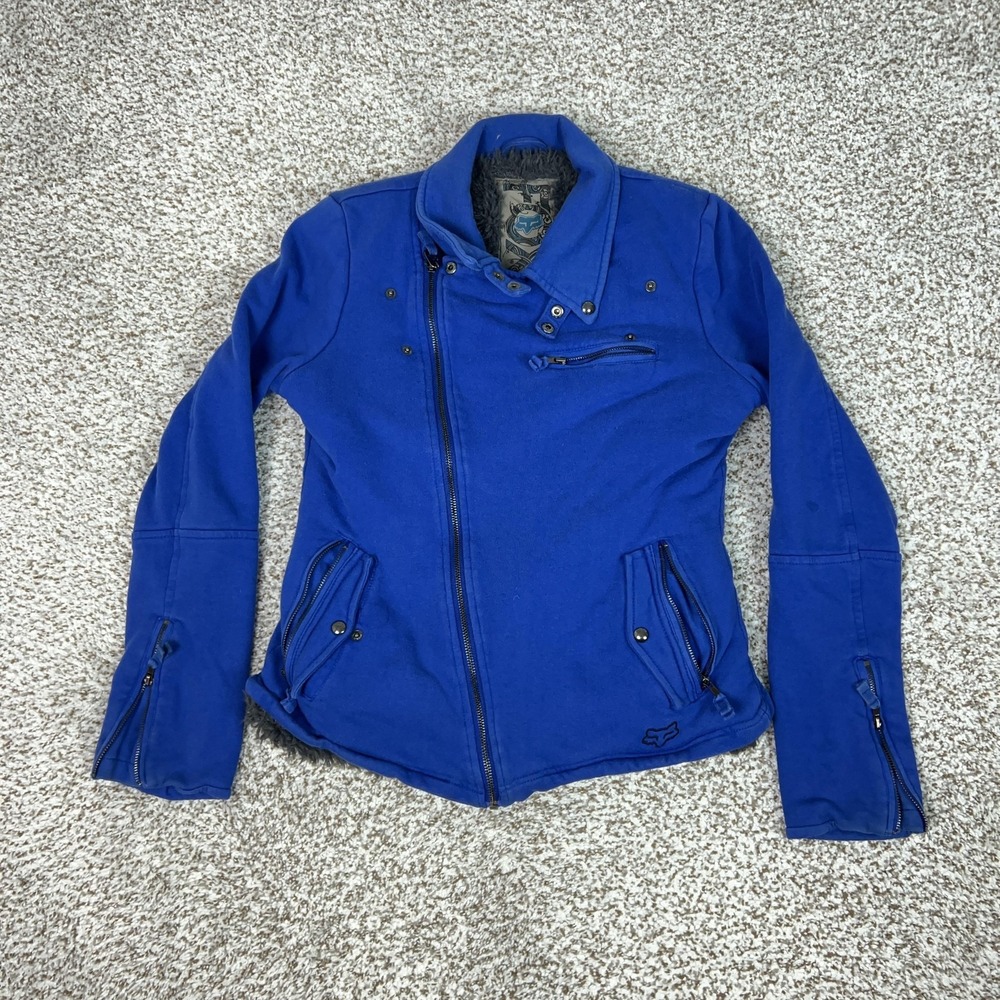 Fox Jacket Womens Medium Blue‎ Faux Fur Lined Moto Full Zip Motorcycle Riding